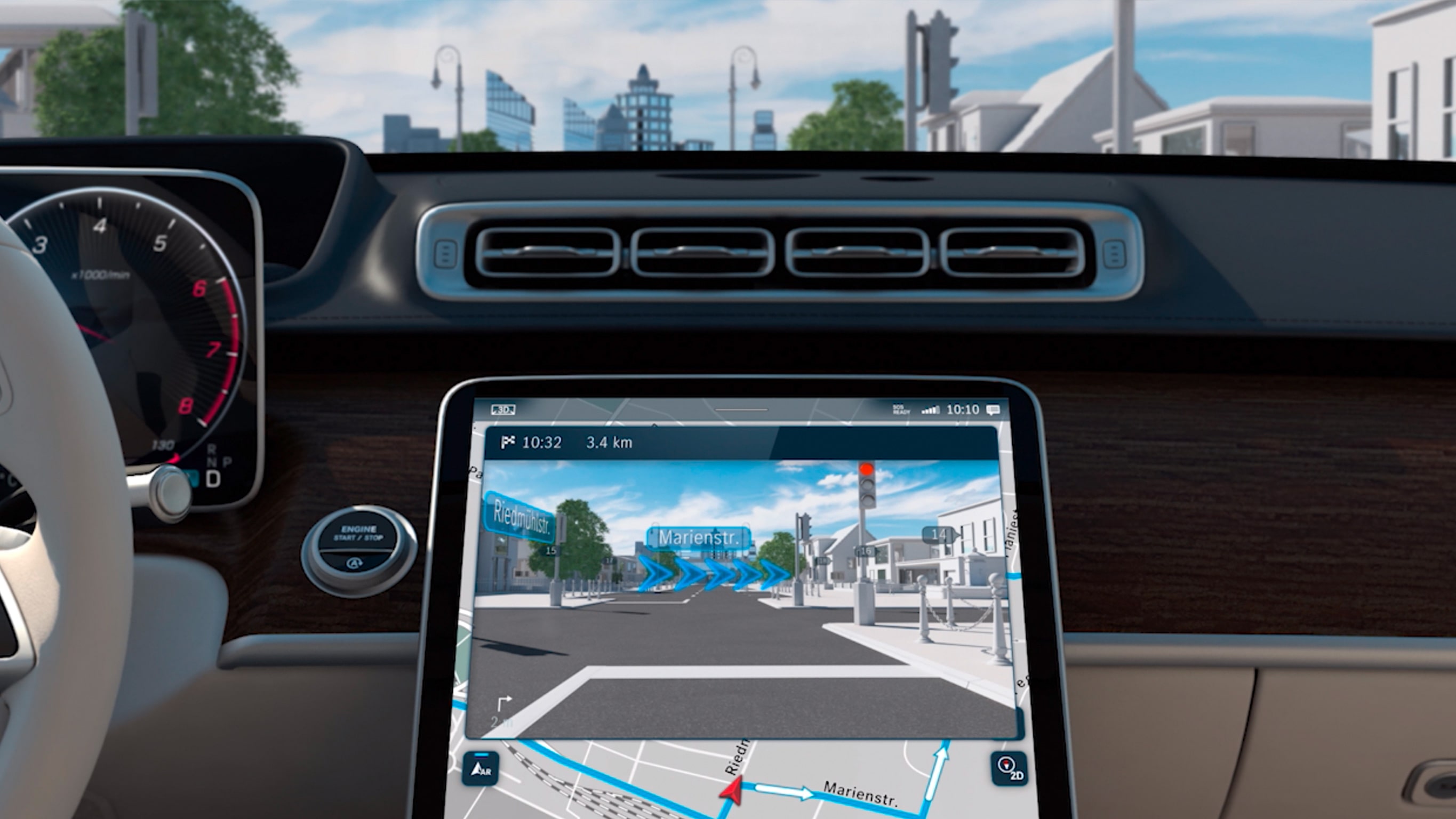 The video shows MBUX Augmented Reality Navigation.