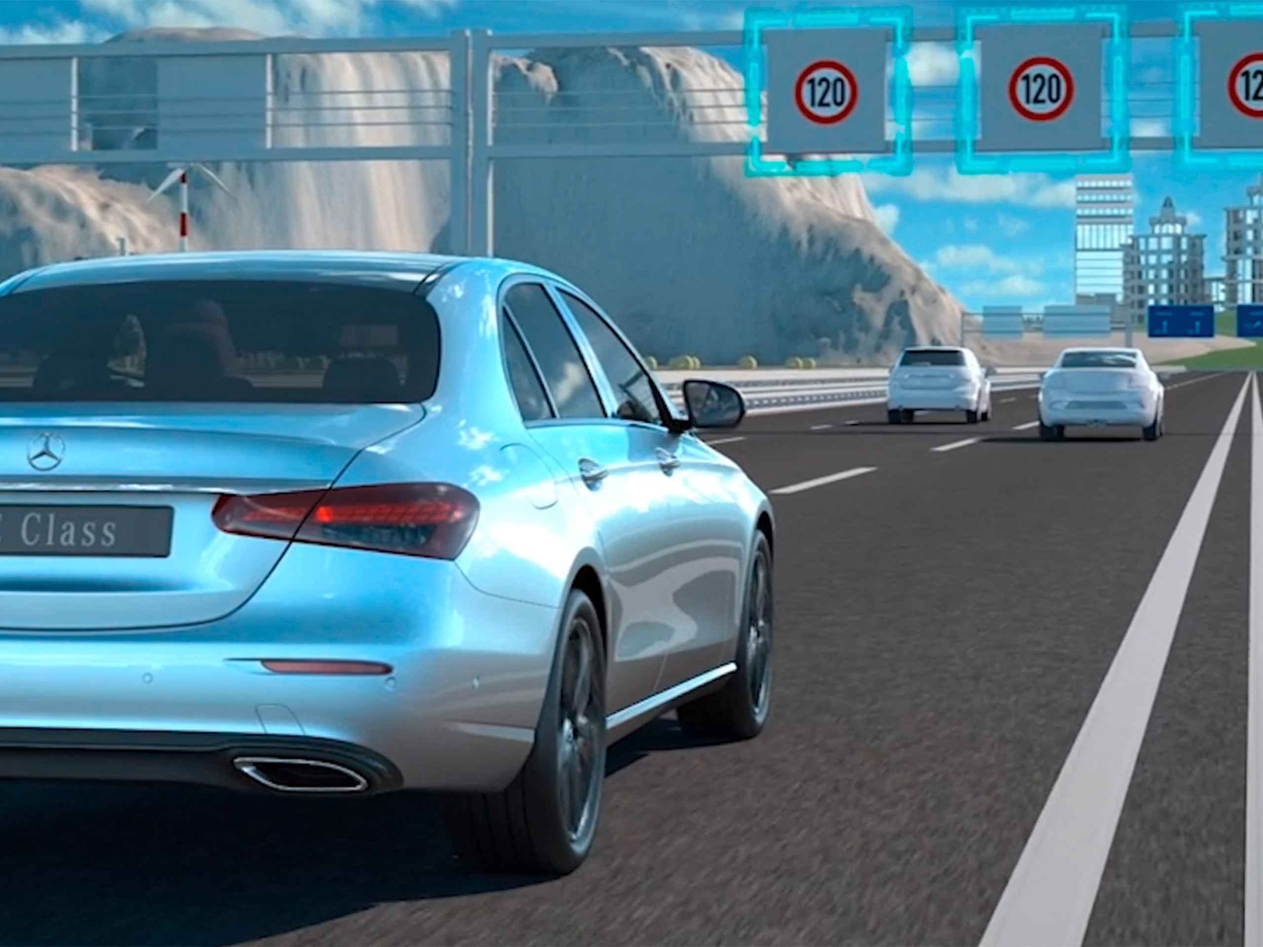 The video shows the function of Active Speed Limit Assist in the Mercedes-Benz CLS Coupé.